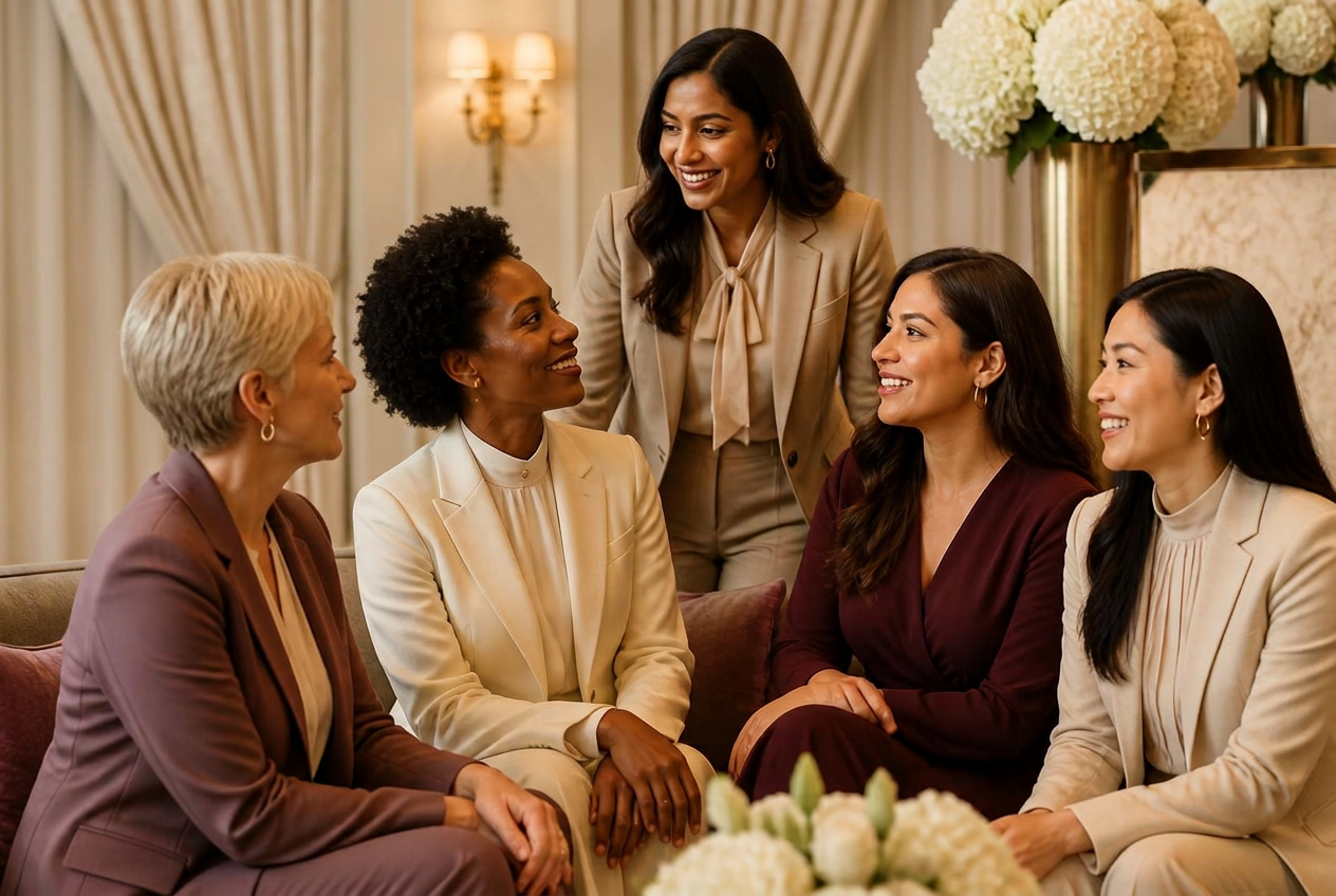 Three women in elegant clothing in warm conversation in an ivory ballroom lounge