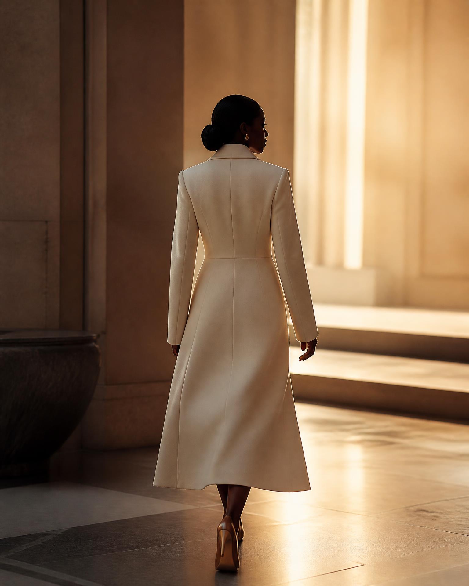 A woman in an elegant ivory coat walking confidently toward warm natural light
